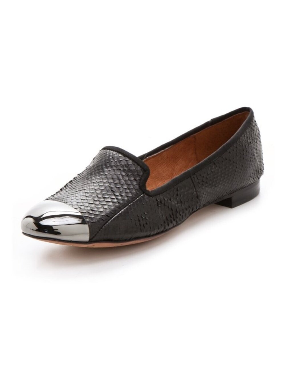 Sam Edelman Aster Flat Black Snakeskin Mirrored Metal Cap Loafer Like New 6.5